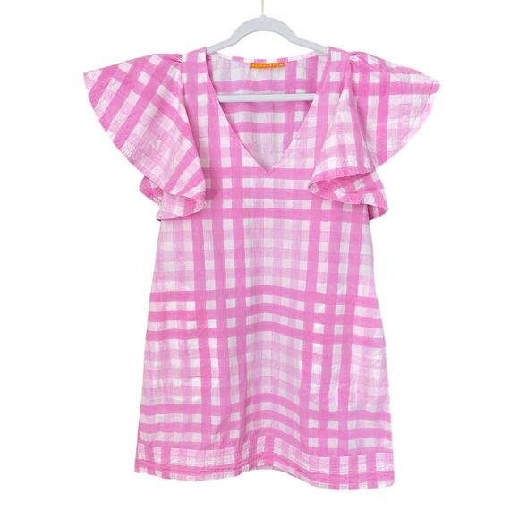 Oliphant Pink White Check Gingham Flutter Sleeve Mini Shift Dress Tuckernuck M - Picture 1 of 5